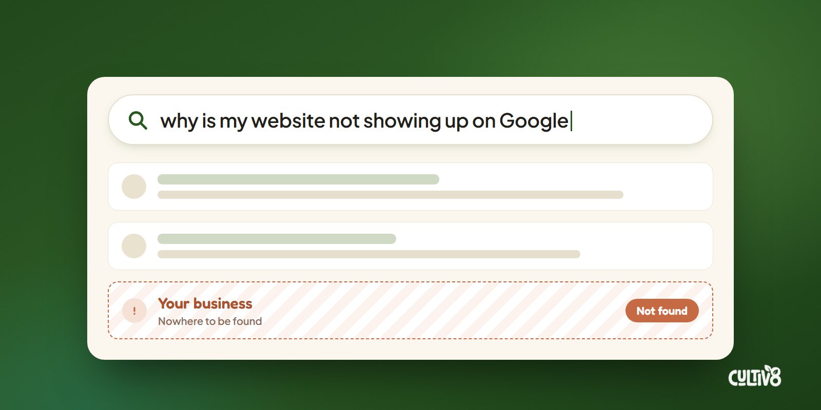 A search bar asking why is my website not showing up on Google, with your business marked not found